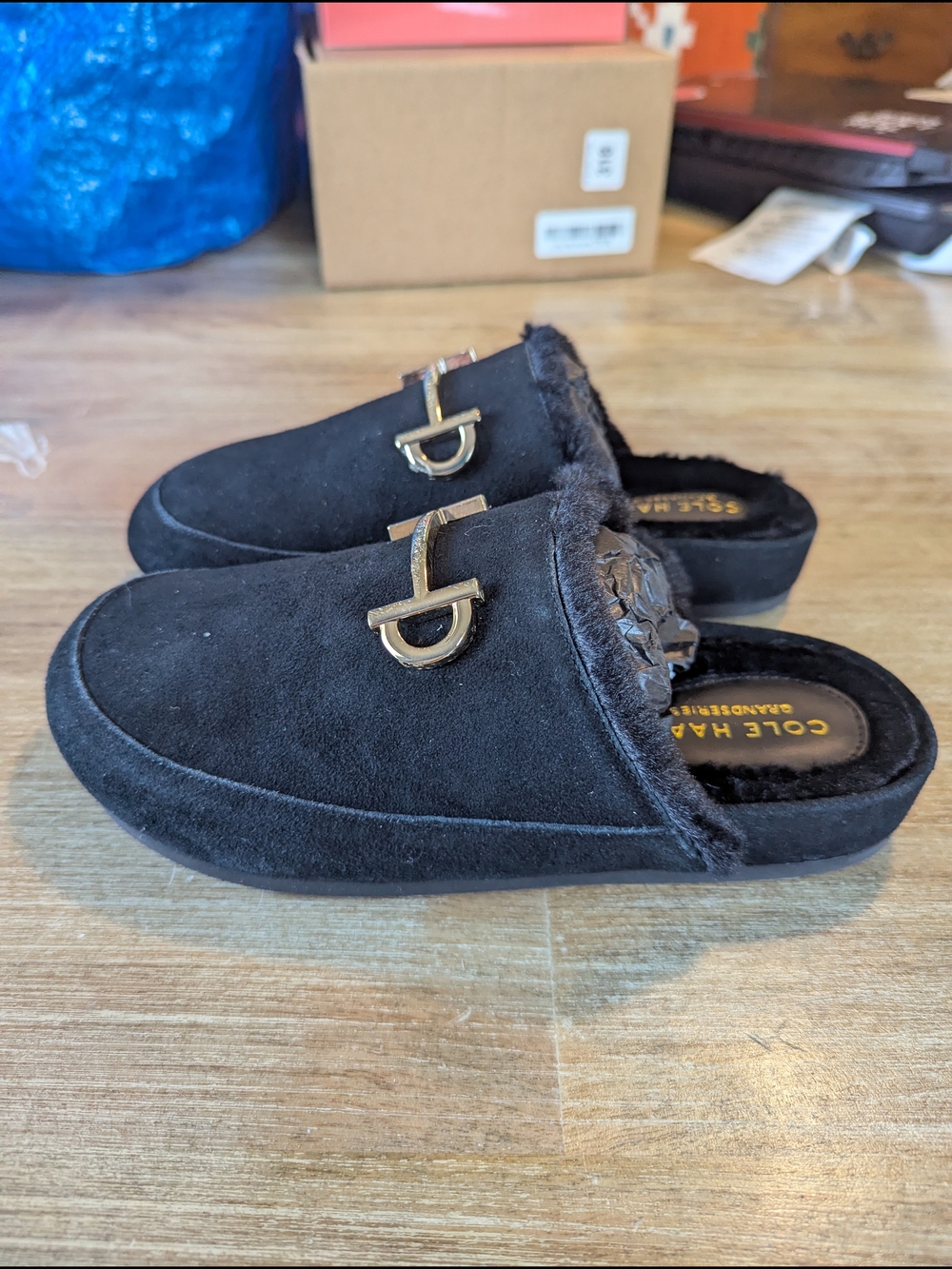 Cole Haan Black Suede Fur-Lined Clogs